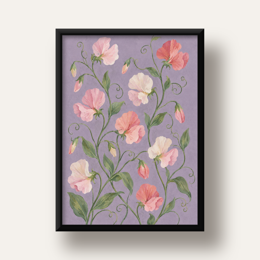 Mor Zeminde Pastel Suluboya Çiçek Desenli Poster — siyah derin çerçeveli
