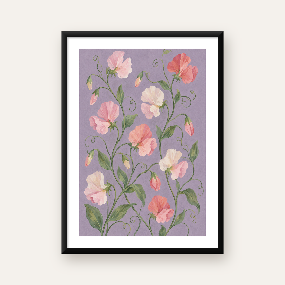 Mor Zeminde Pastel Suluboya Çiçek Desenli Poster — Dikey baskı, beyaz paspartulu