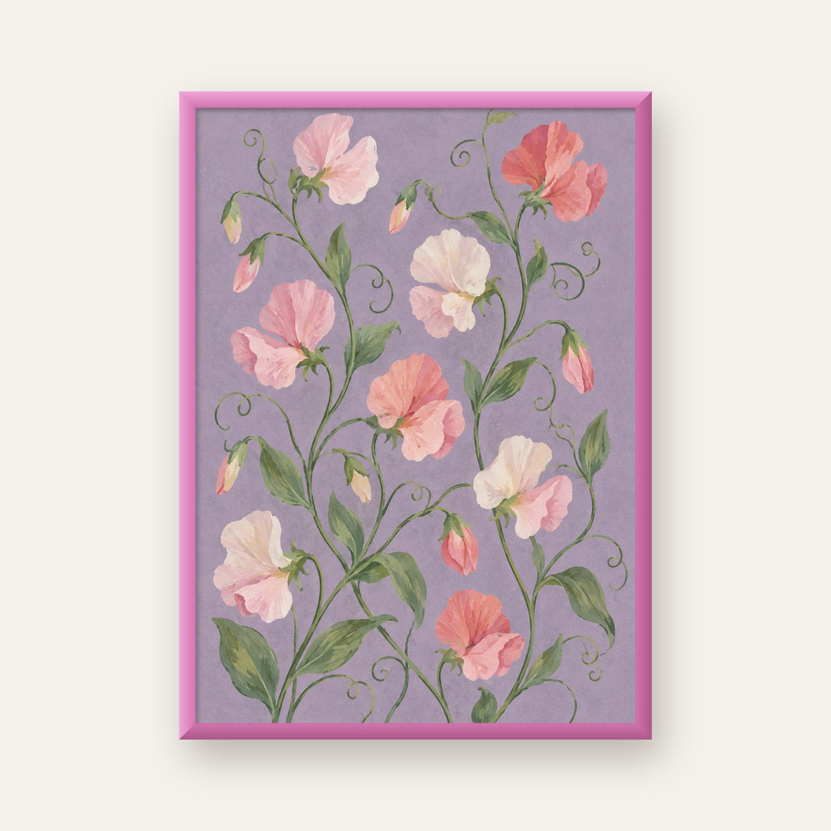 Mor Zeminde Pastel Suluboya Çiçek Desenli Poster — pembe çerçeveli
