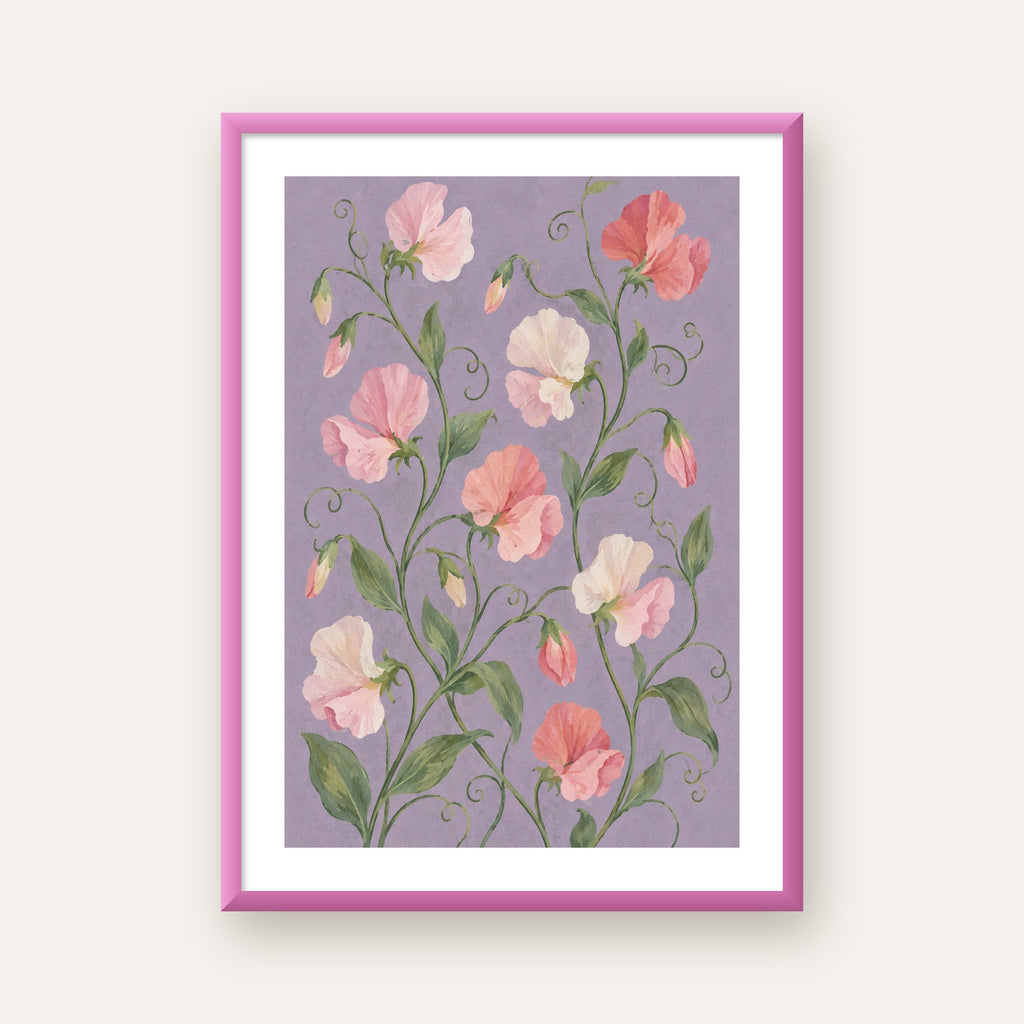 Mor Zeminde Pastel Suluboya Çiçek Desenli Poster — pembe çerçeveli paspartulu