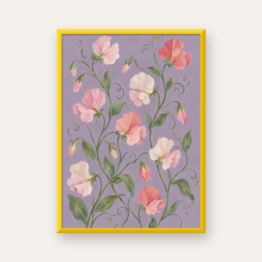 Mor Zeminde Pastel Suluboya Çiçek Desenli Poster — sarı çerçeveli