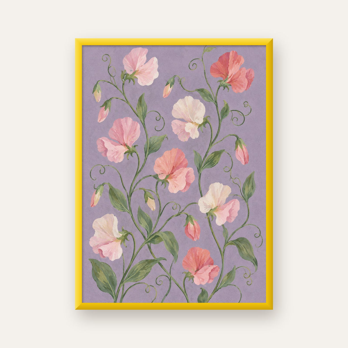 Mor Zeminde Pastel Suluboya Çiçek Desenli Poster — sarı çerçeveli