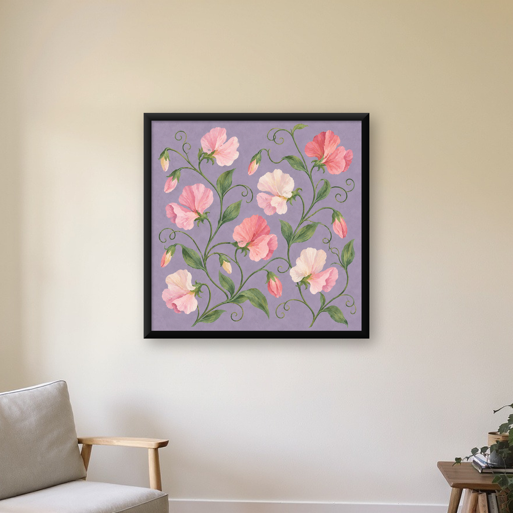 Mor Zeminde Pastel Suluboya Çiçek Desenli Poster — Kare baskı, çerçeveli hâliyle bir ev duvarında
