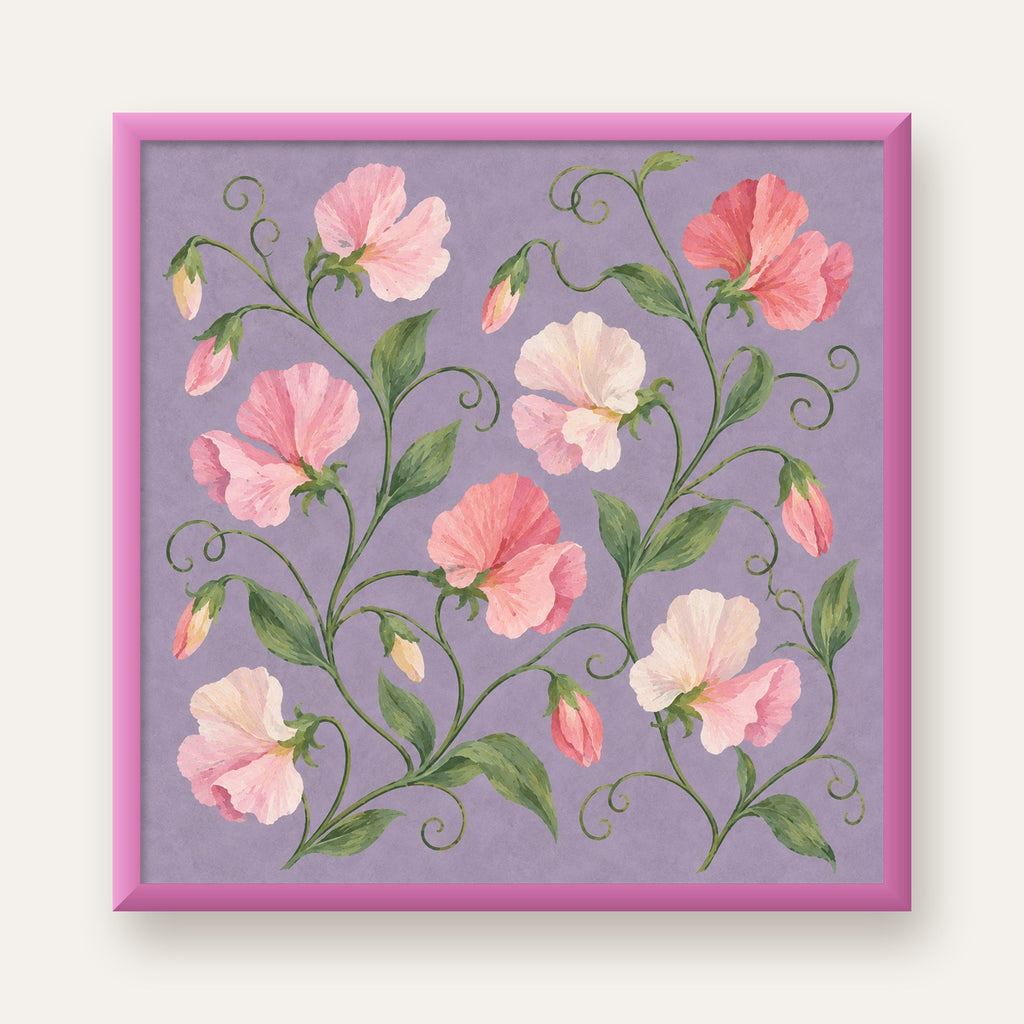 Mor Zeminde Pastel Suluboya Çiçek Desenli Poster — pembe çerçeveli