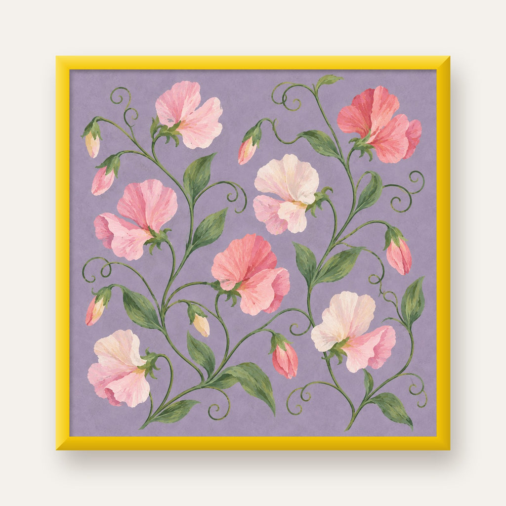Mor Zeminde Pastel Suluboya Çiçek Desenli Poster — sarı çerçeveli