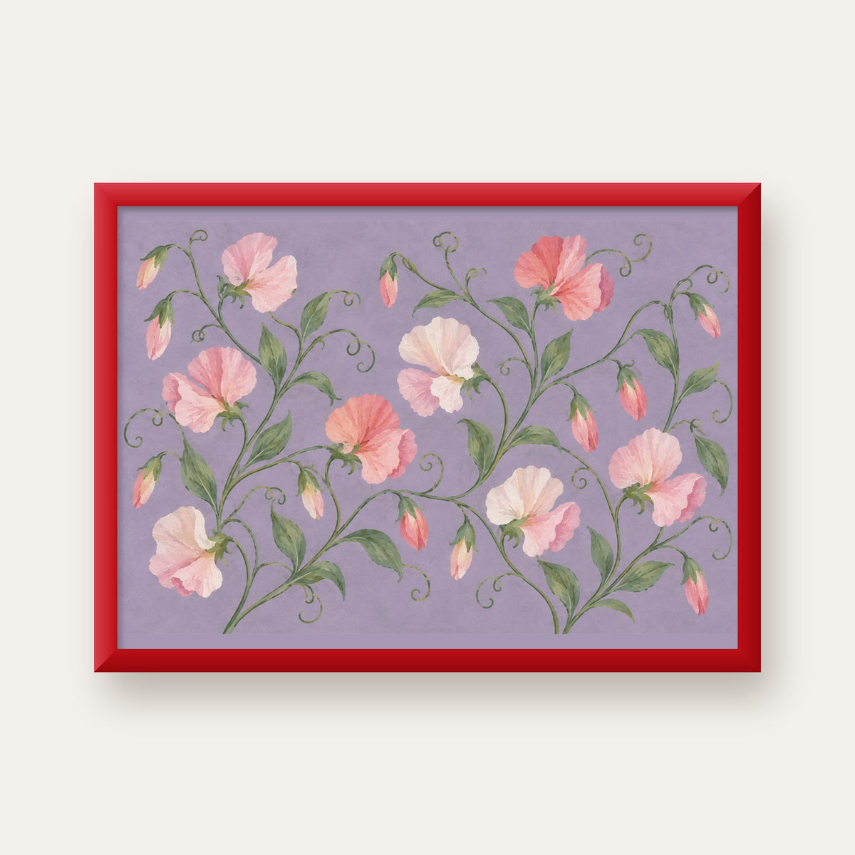 Mor Zeminde Pastel Suluboya Çiçek Desenli Poster — kırmızı çerçeveli