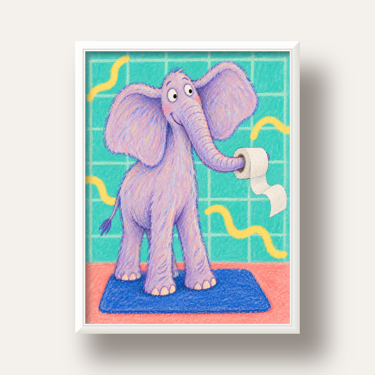 Banyoda Sevimli Fil Pastel Poster – Renkli Çocuk Odası Dekoru — beyaz derin çerçeveli