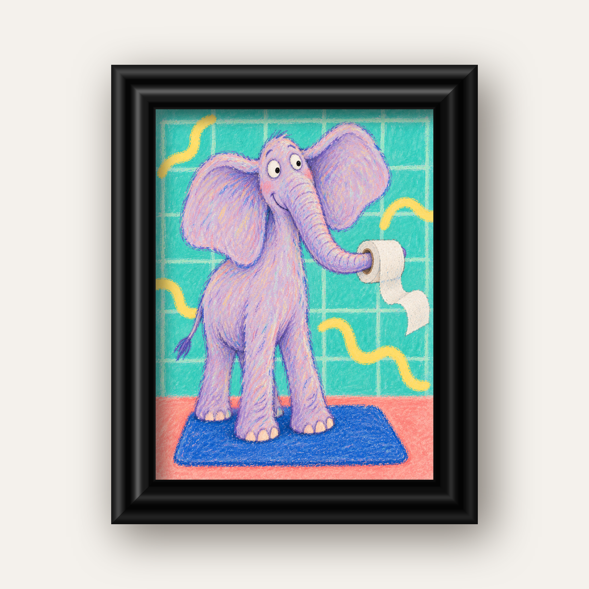 Banyoda Sevimli Fil Pastel Poster – Renkli Çocuk Odası Dekoru — siyah galeri çerçeveli