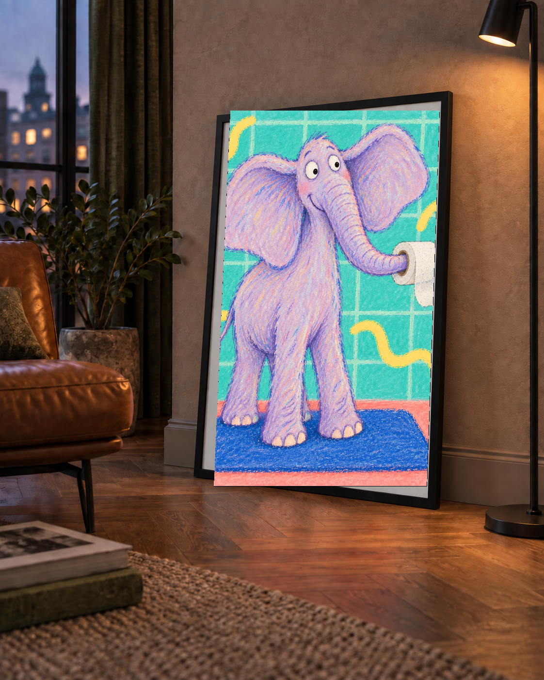 Banyoda Sevimli Fil Pastel Poster – Renkli Çocuk Odası Dekoru