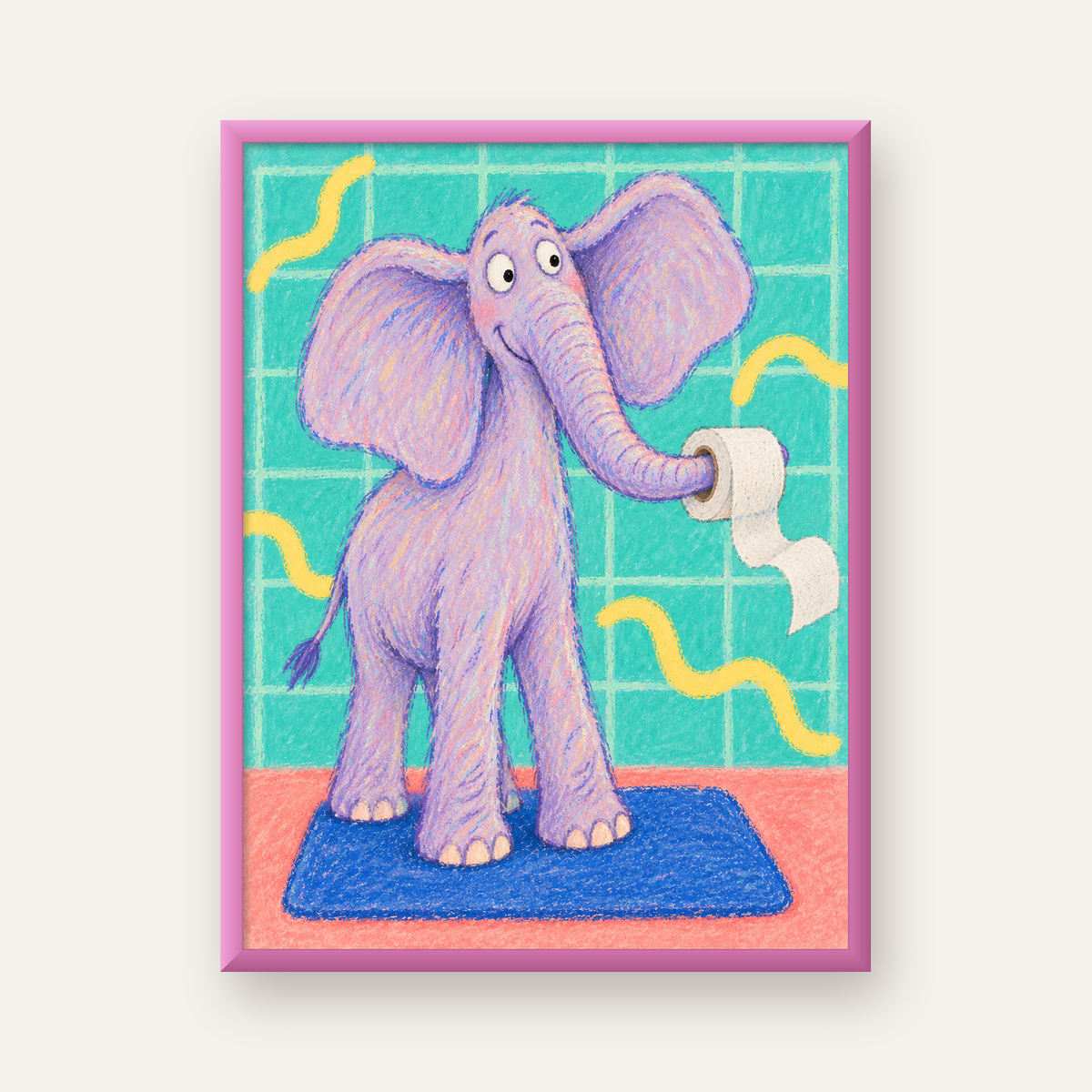 Banyoda Sevimli Fil Pastel Poster – Renkli Çocuk Odası Dekoru — pembe çerçeveli