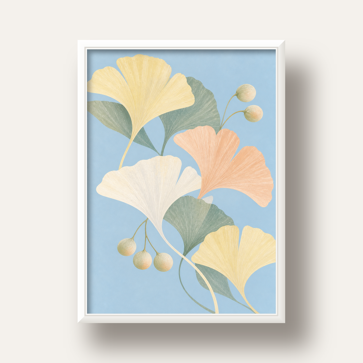 Pastel Gingko Yaprakları Dijital Poster - Zarif Duvar Sanatı — beyaz derin çerçeveli