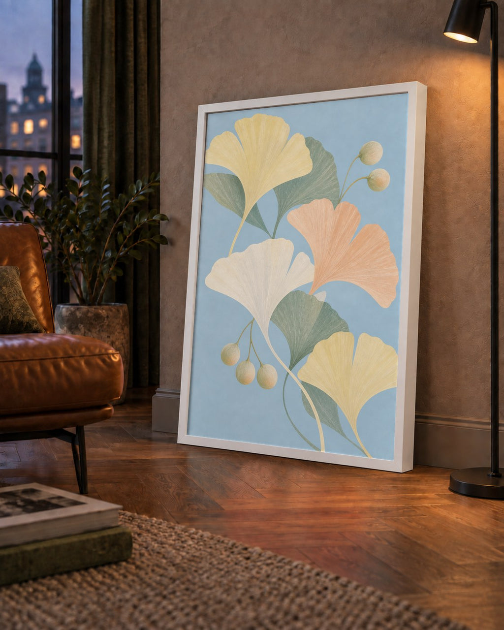 Pastel Gingko Yaprakları Dijital Poster - Zarif Duvar Sanatı — çerçeveli hâliyle bir ev duvarında