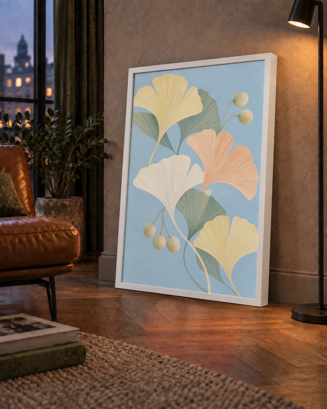 Pastel Gingko Yaprakları Dijital Poster - Zarif Duvar Sanatı — çerçeveli hâliyle bir ev duvarında