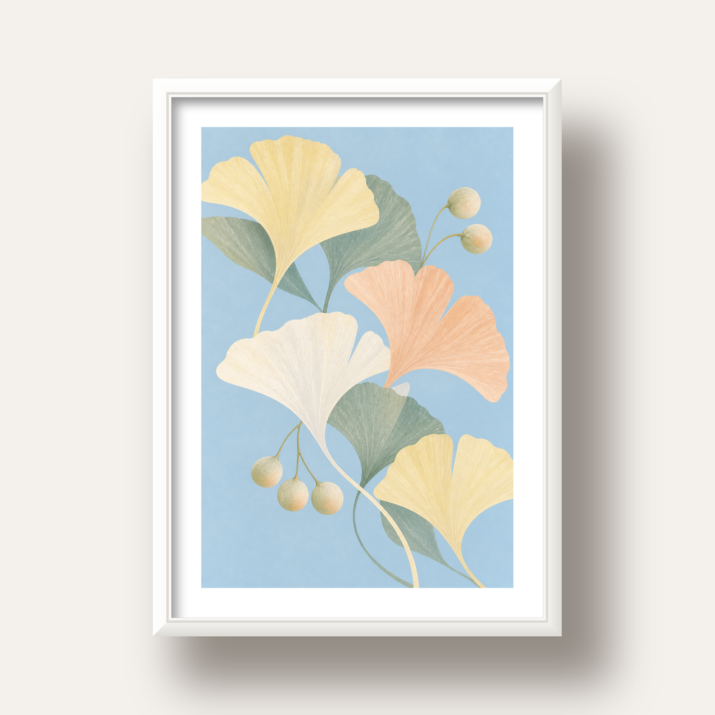 Pastel Gingko Yaprakları Dijital Poster - Zarif Duvar Sanatı — beyaz derin çerçeveli paspartulu