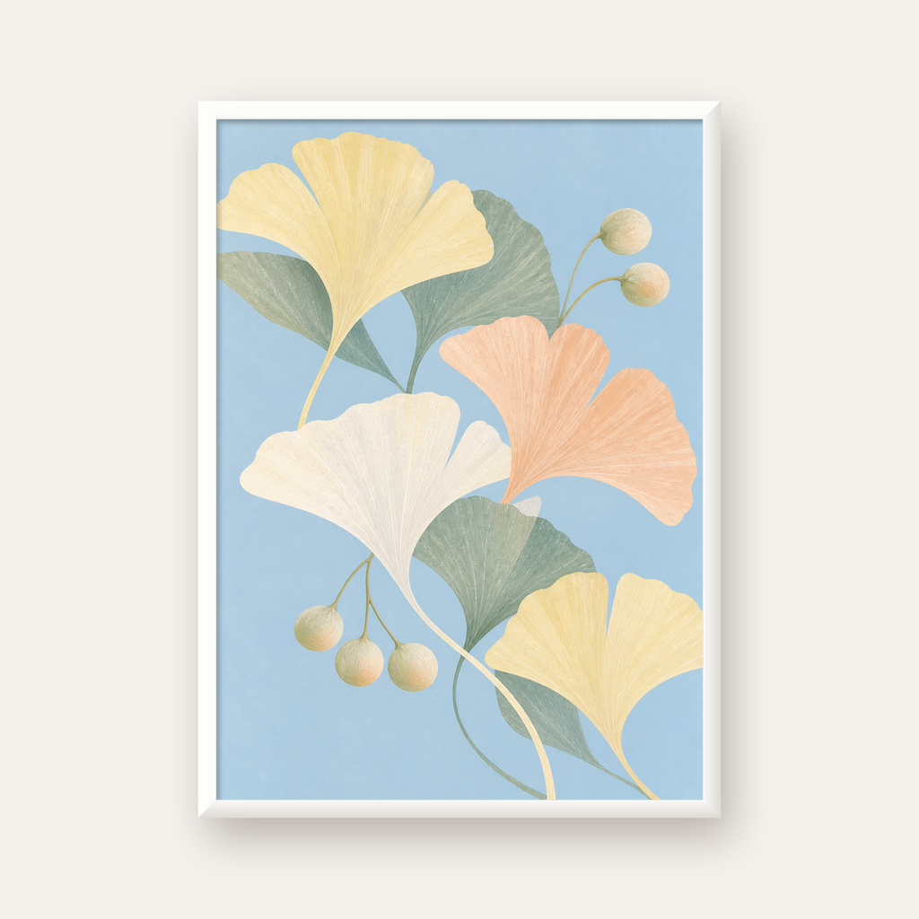 Pastel Gingko Yaprakları Dijital Poster - Zarif Duvar Sanatı — beyaz çerçeveli dikey poster