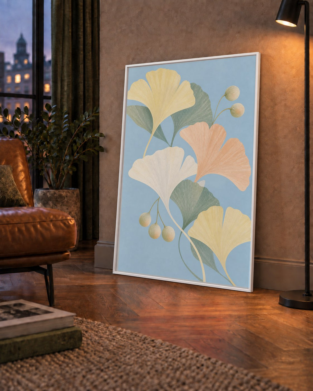 Pastel Gingko Yaprakları Dijital Poster - Zarif Duvar Sanatı — çerçeveli hâliyle bir ev duvarında