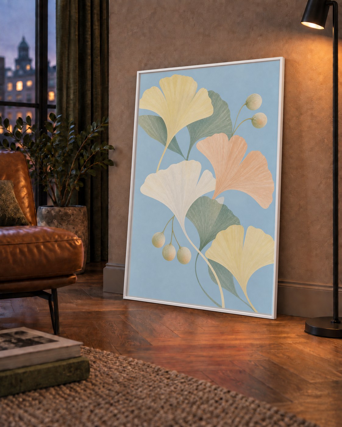Pastel Gingko Yaprakları Dijital Poster - Zarif Duvar Sanatı — çerçeveli hâliyle bir ev duvarında