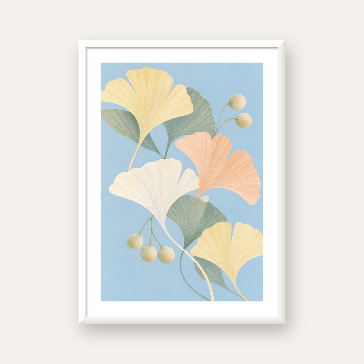 Pastel Gingko Yaprakları Dijital Poster - Zarif Duvar Sanatı — beyaz çerçeveli dikey poster