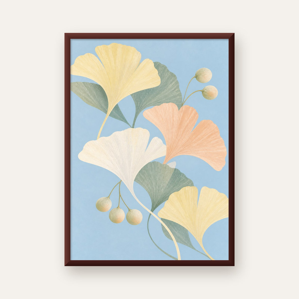 Pastel Gingko Yaprakları Dijital Poster - Zarif Duvar Sanatı — ceviz çerçeveli