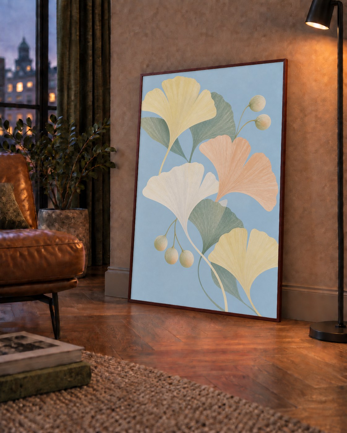 Pastel Gingko Yaprakları Dijital Poster - Zarif Duvar Sanatı — çerçeveli hâliyle bir ev duvarında