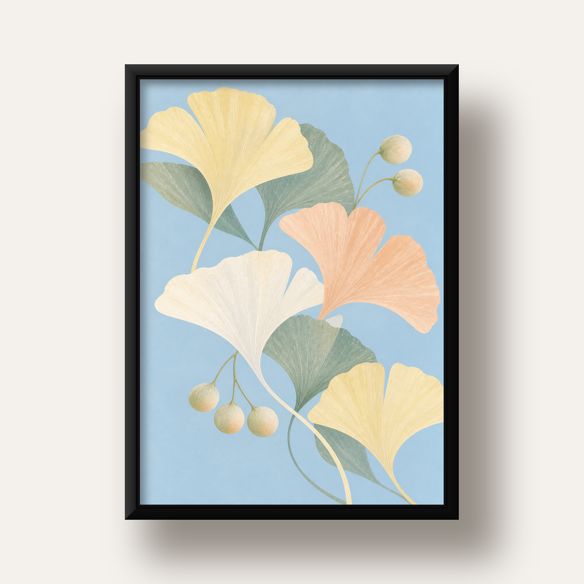 Pastel Gingko Yaprakları Dijital Poster - Zarif Duvar Sanatı — siyah derin çerçeveli