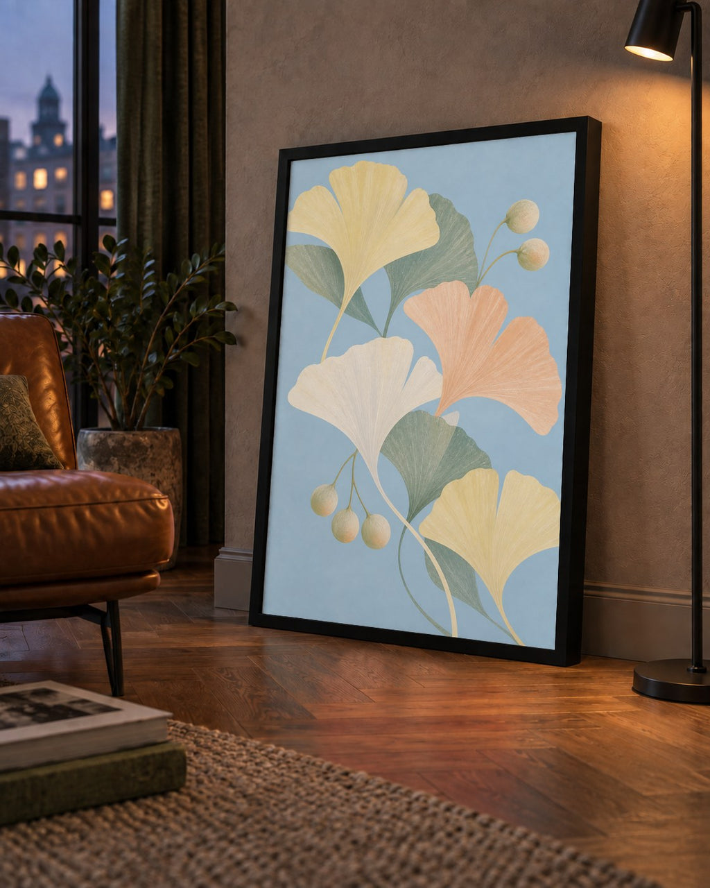 Pastel Gingko Yaprakları Dijital Poster - Zarif Duvar Sanatı — çerçeveli hâliyle bir ev duvarında