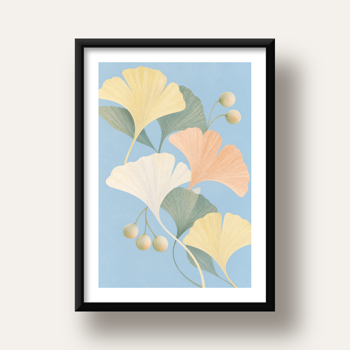 Pastel Gingko Yaprakları Dijital Poster - Zarif Duvar Sanatı — siyah derin çerçeveli paspartulu