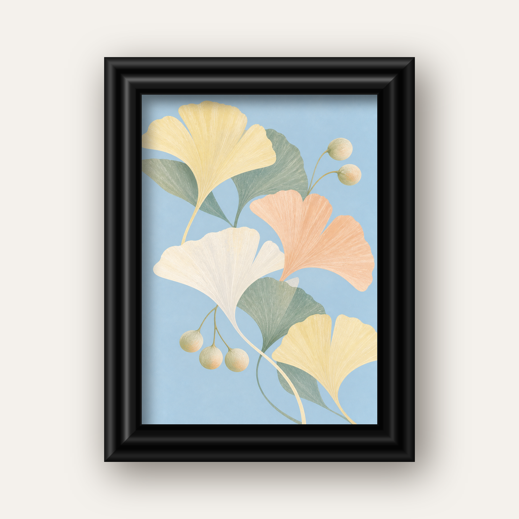 Pastel Gingko Yaprakları Dijital Poster - Zarif Duvar Sanatı — siyah galeri çerçeveli