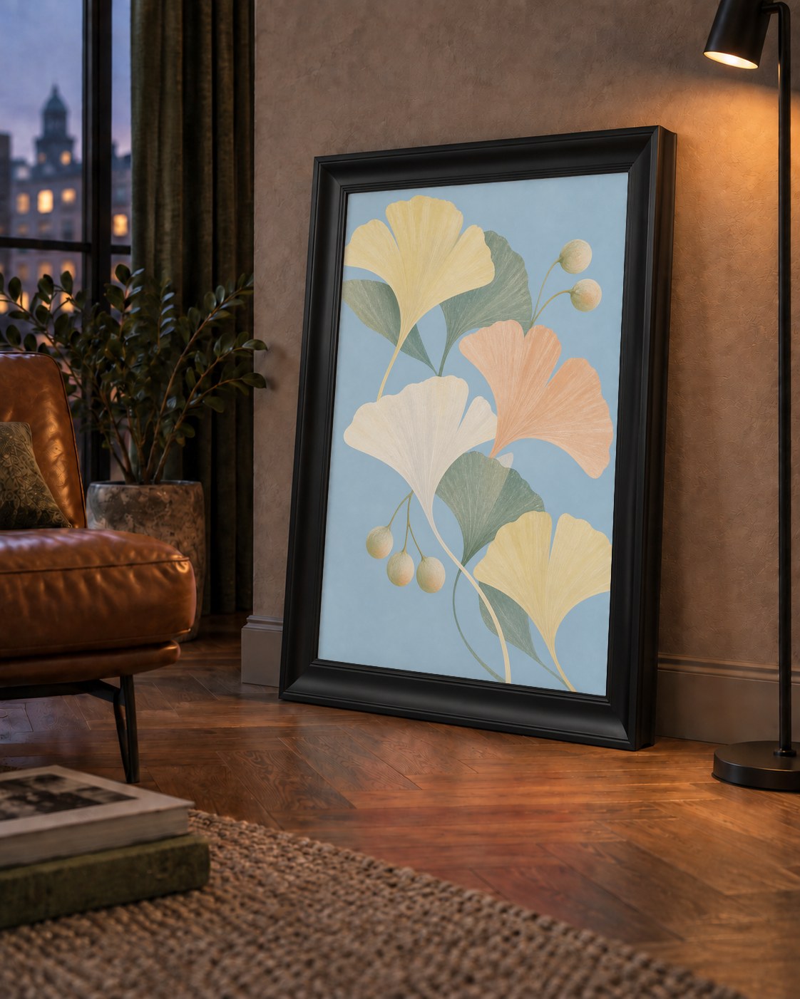 Pastel Gingko Yaprakları Dijital Poster - Zarif Duvar Sanatı — çerçeveli hâliyle bir ev duvarında
