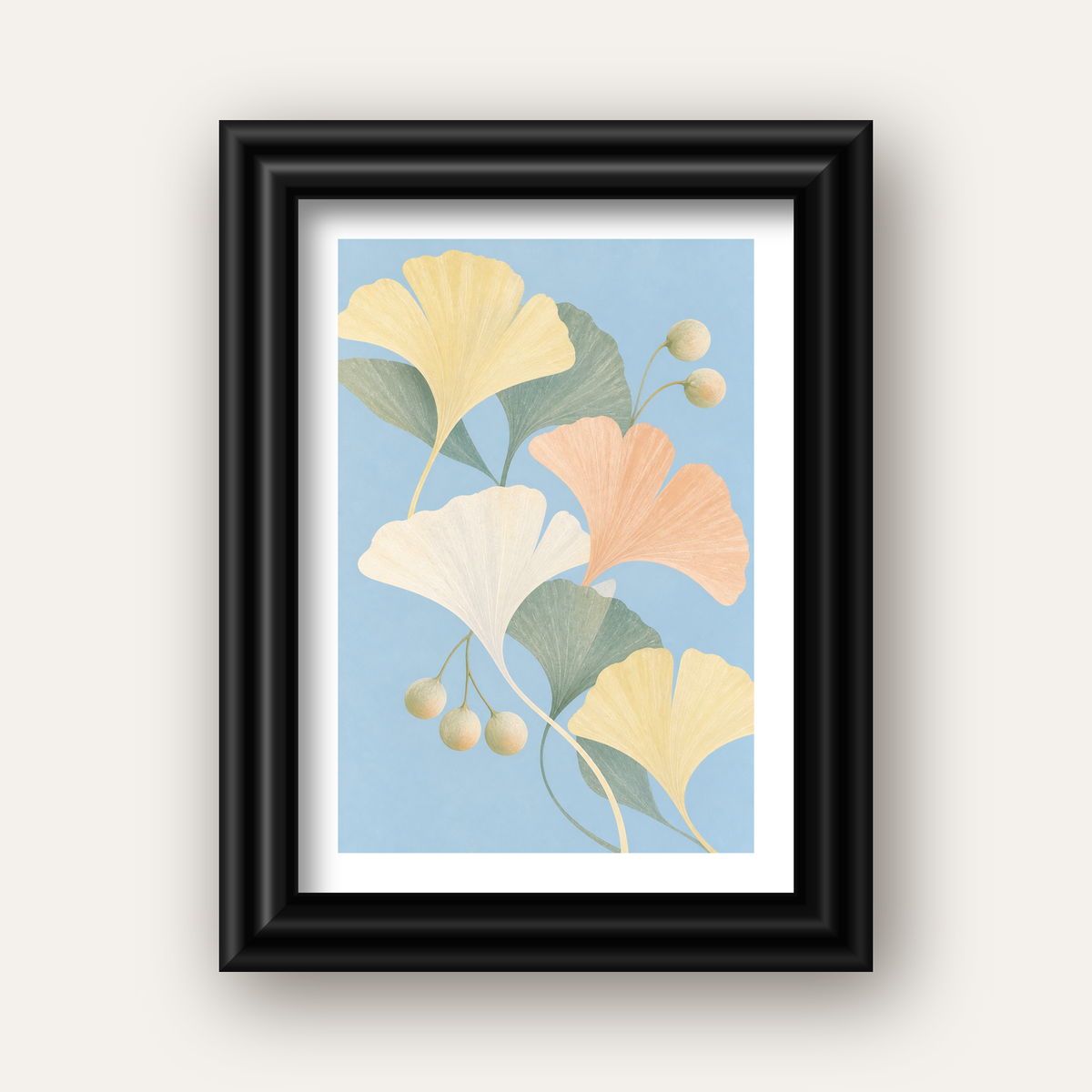 Pastel Gingko Yaprakları Dijital Poster - Zarif Duvar Sanatı — siyah galeri çerçeveli paspartulu