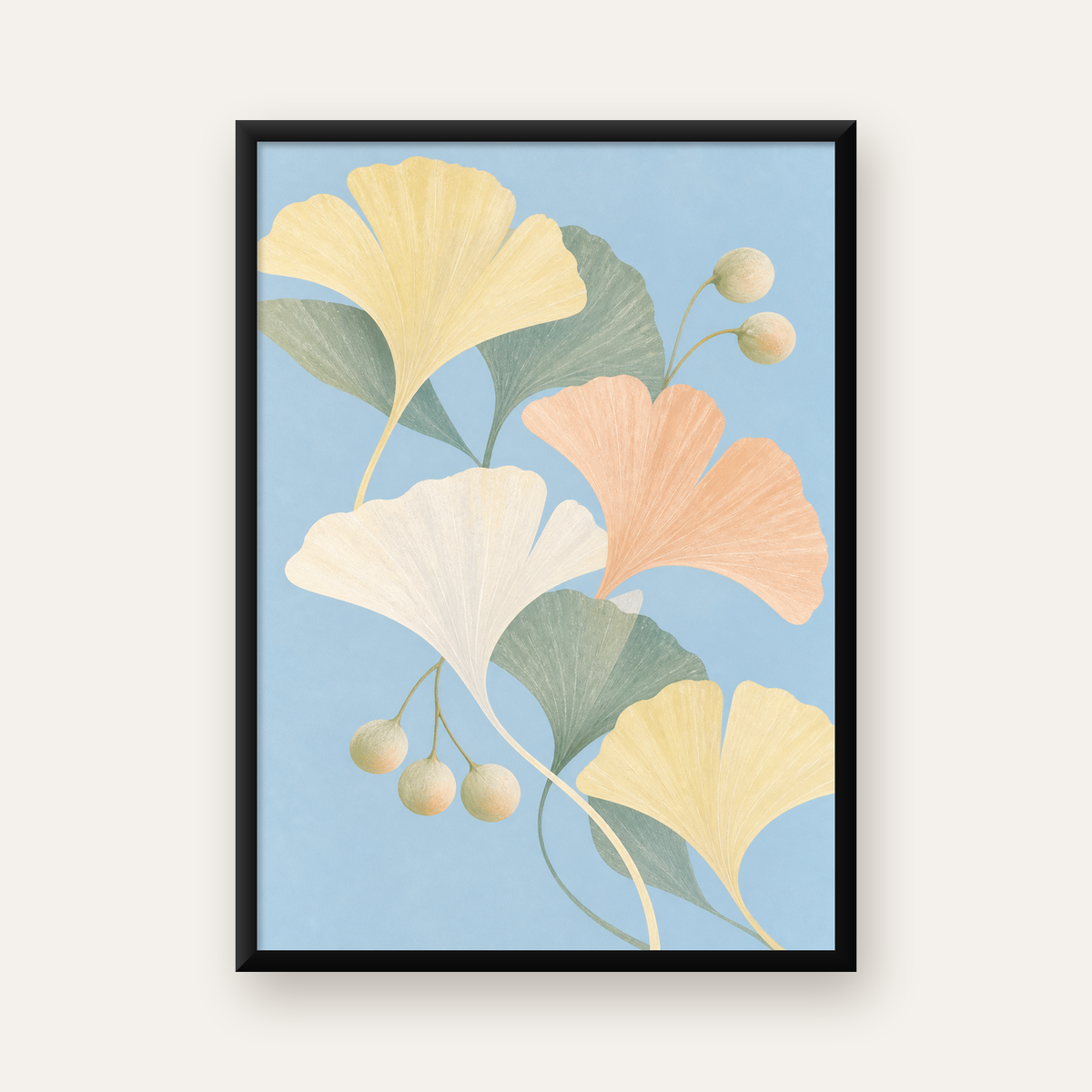 Pastel Gingko Yaprakları Dijital Poster - Zarif Duvar Sanatı — Dikey baskı, düz siyah çerçeveli duvar posteri