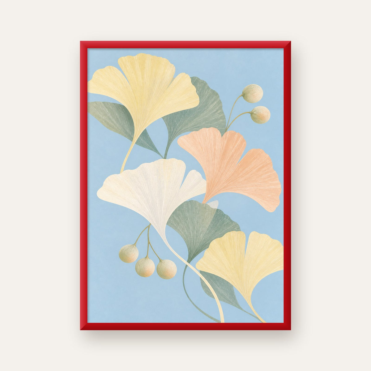 Pastel Gingko Yaprakları Dijital Poster - Zarif Duvar Sanatı — kırmızı çerçeveli