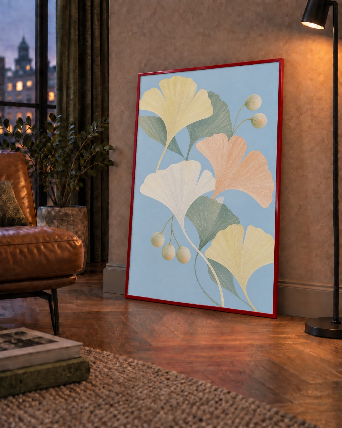 Pastel Gingko Yaprakları Dijital Poster - Zarif Duvar Sanatı — çerçeveli hâliyle bir ev duvarında