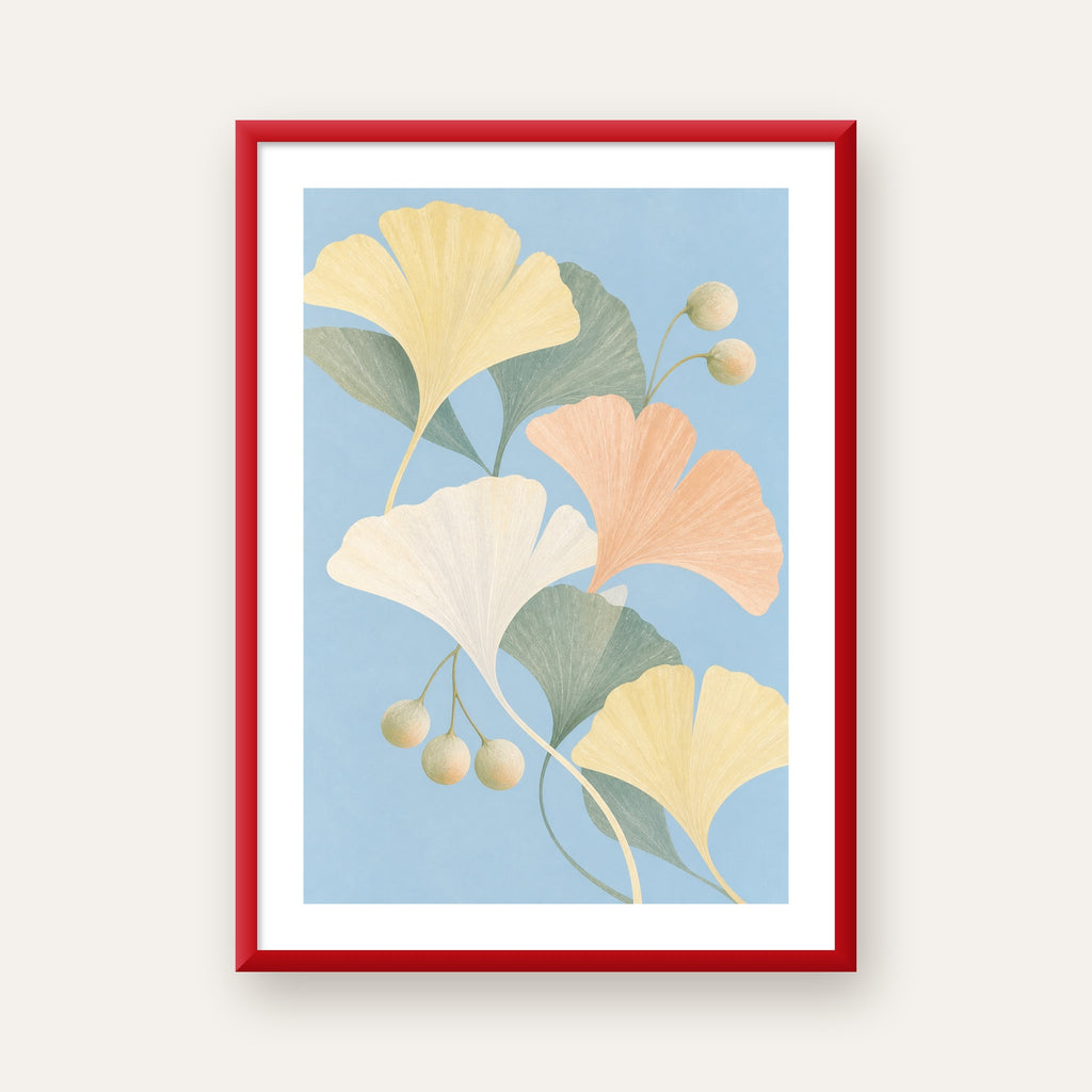 Pastel Gingko Yaprakları Dijital Poster - Zarif Duvar Sanatı — kırmızı çerçeveli paspartulu