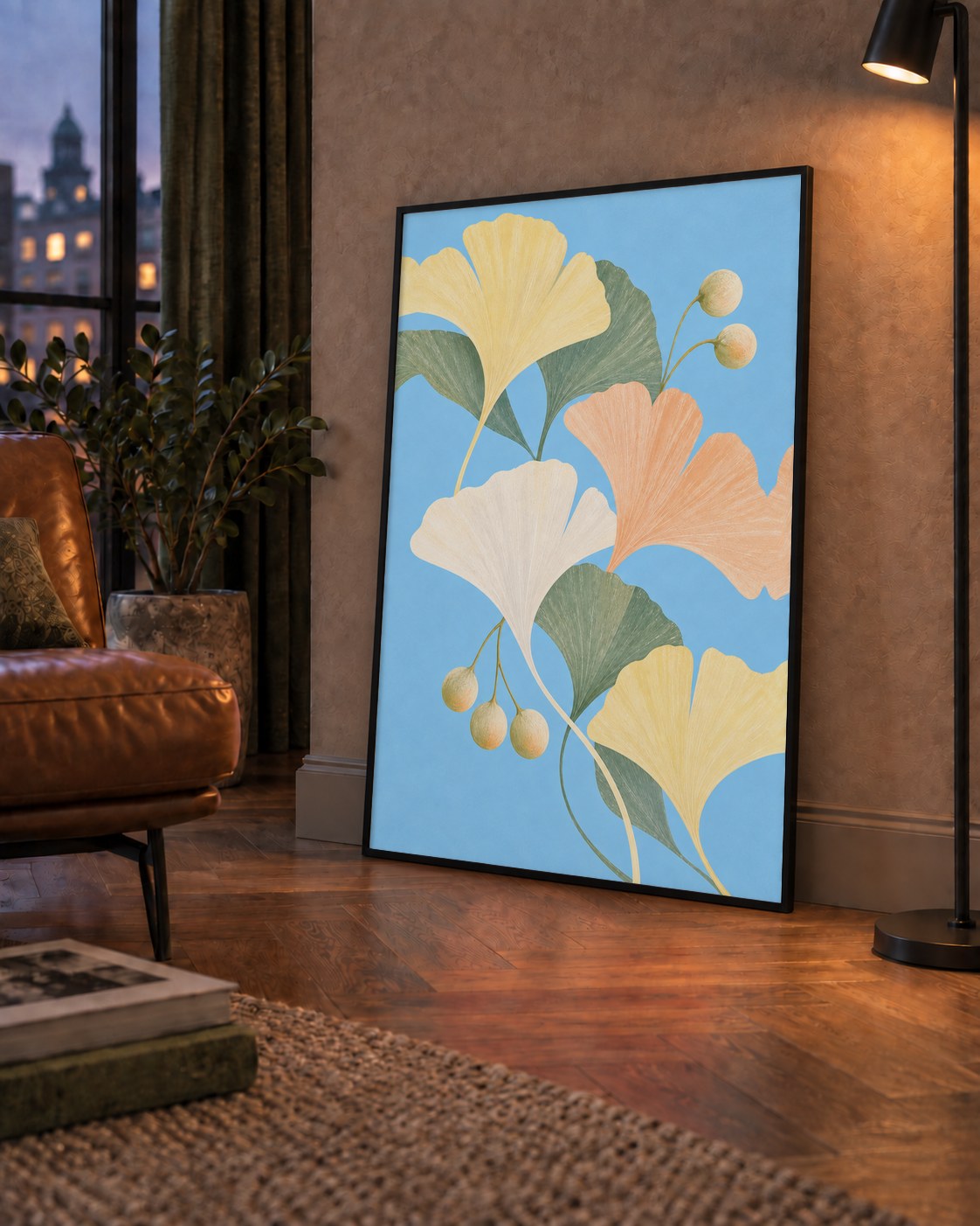 Pastel Gingko Yaprakları Dijital Poster - Zarif Duvar Sanatı — çerçeveli hâliyle bir ev duvarında
