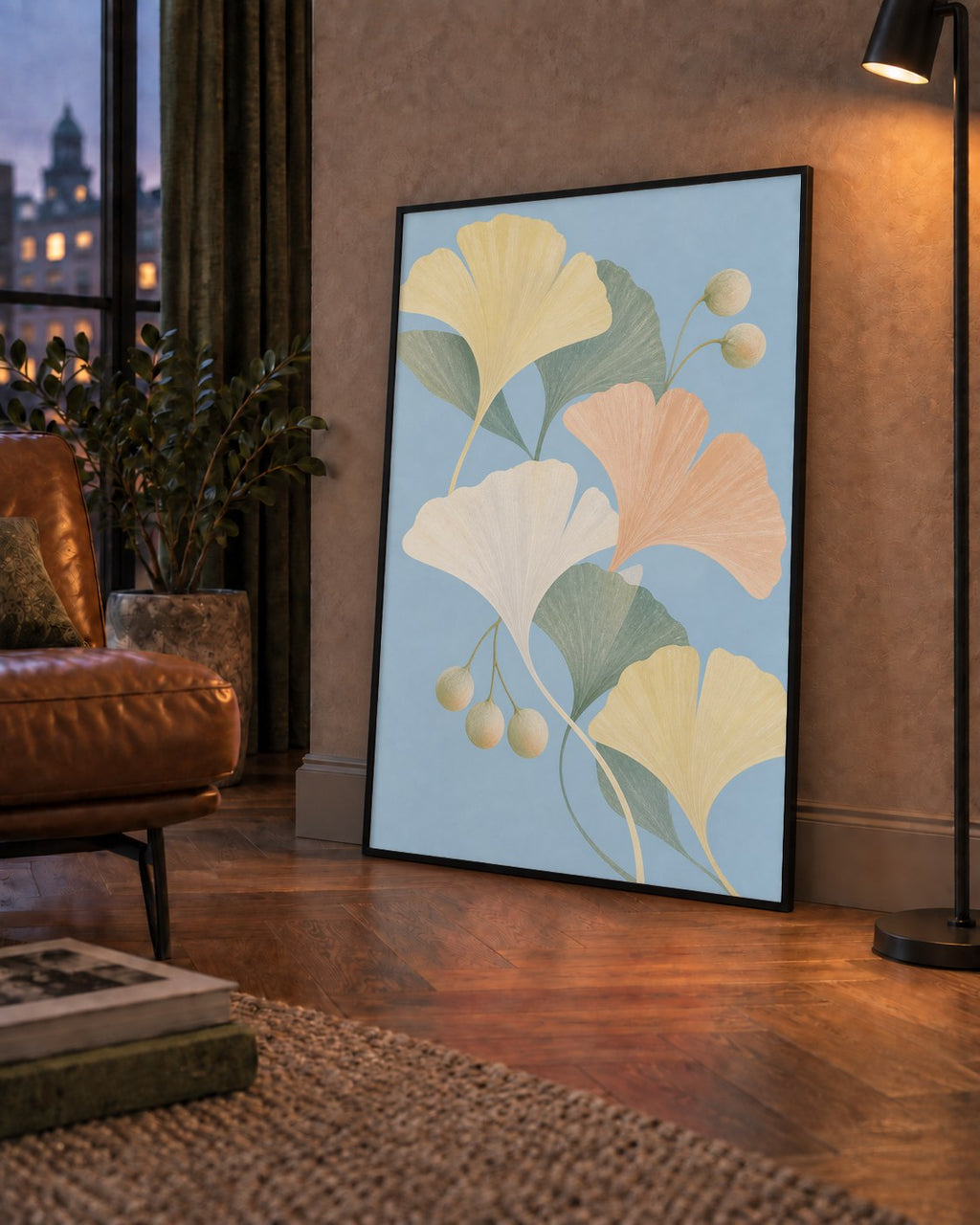 Pastel Gingko Yaprakları Dijital Poster - Zarif Duvar Sanatı — çerçeveli hâliyle bir ev duvarında