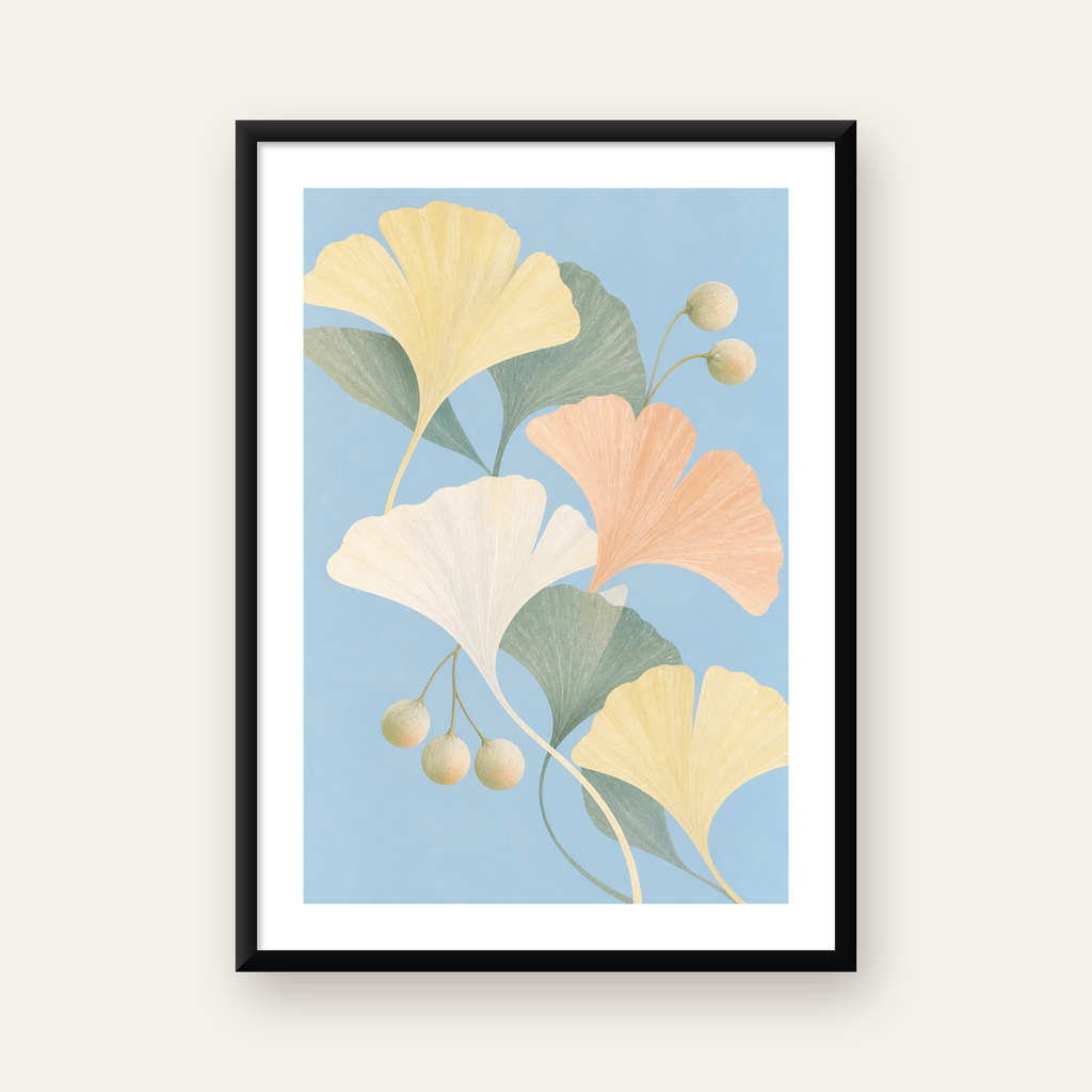 Pastel Gingko Yaprakları Dijital Poster - Zarif Duvar Sanatı — Dikey baskı, beyaz paspartulu