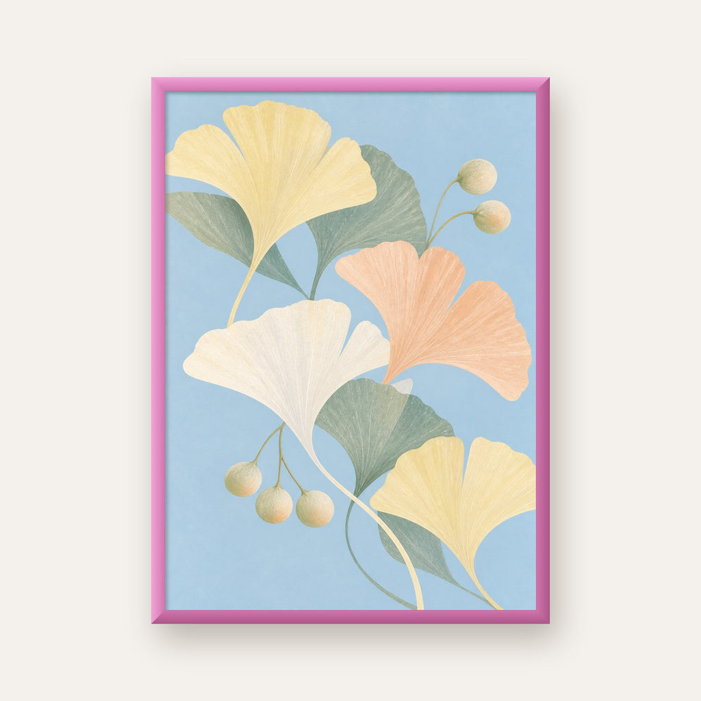 Pastel Gingko Yaprakları Dijital Poster - Zarif Duvar Sanatı — pembe çerçeveli