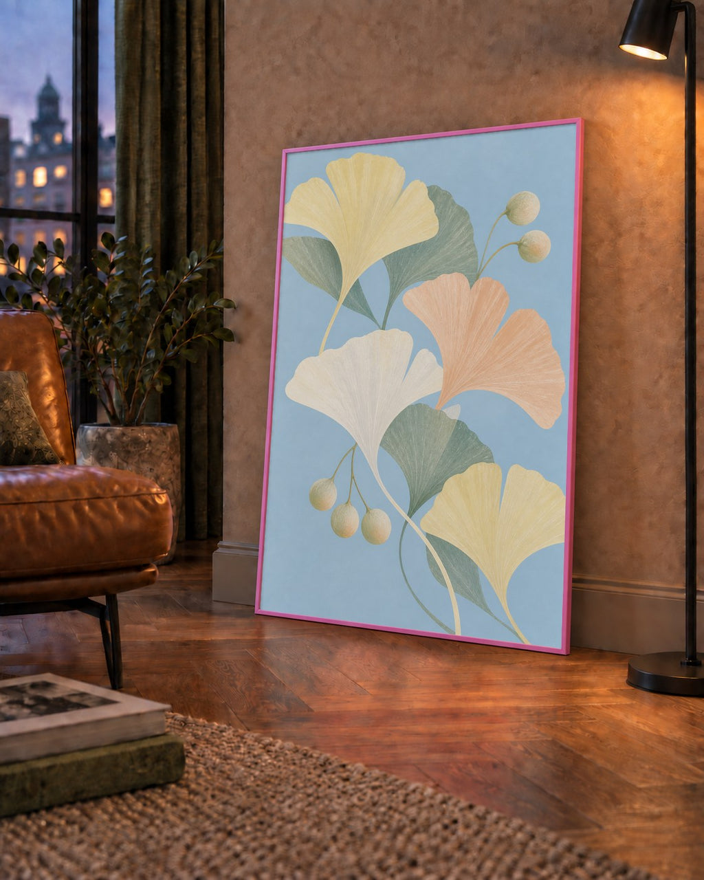 Pastel Gingko Yaprakları Dijital Poster - Zarif Duvar Sanatı — çerçeveli hâliyle bir ev duvarında
