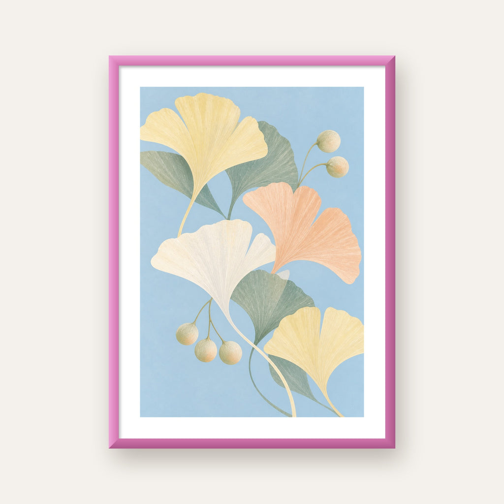 Pastel Gingko Yaprakları Dijital Poster - Zarif Duvar Sanatı — pembe çerçeveli paspartulu