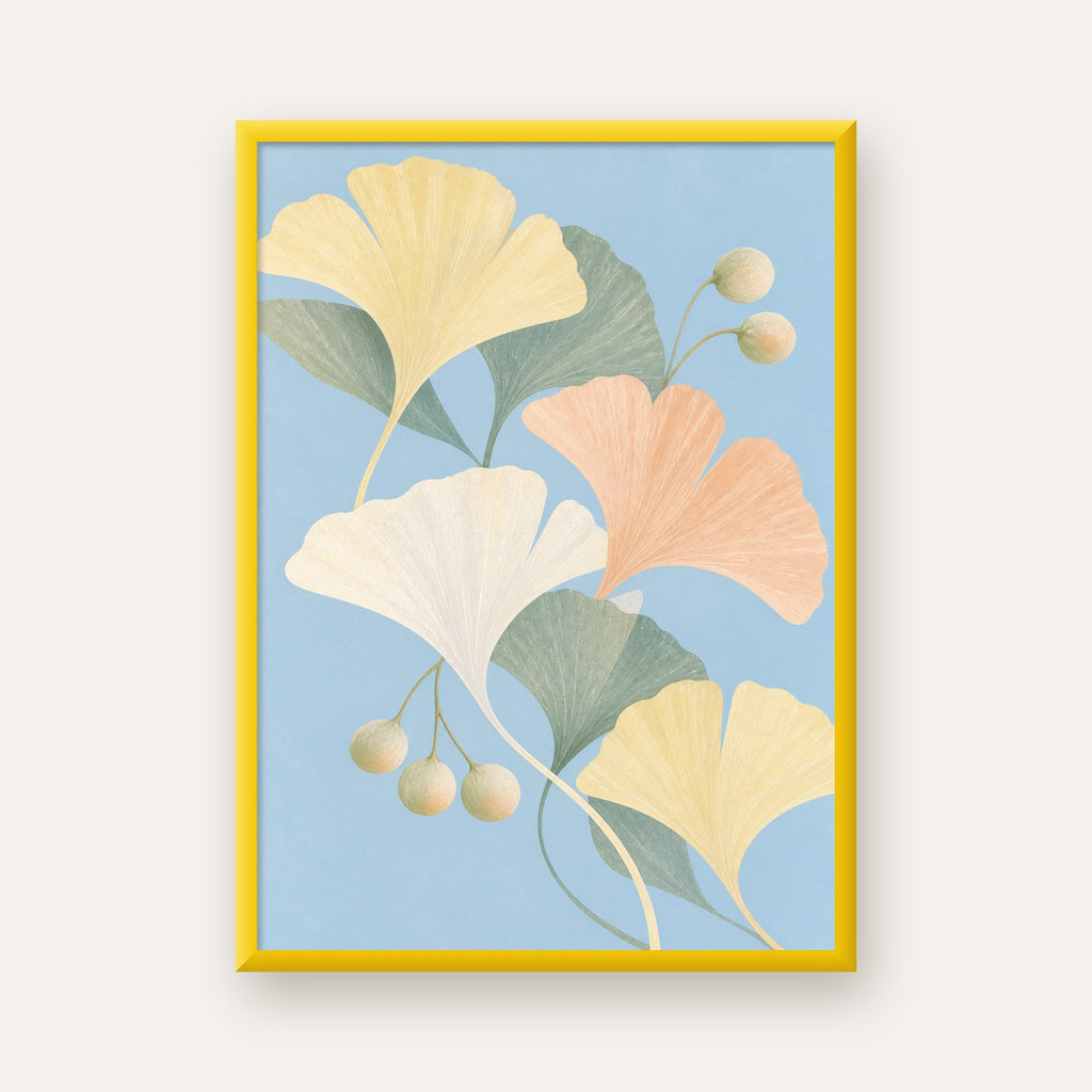 Pastel Gingko Yaprakları Dijital Poster - Zarif Duvar Sanatı — sarı çerçeveli