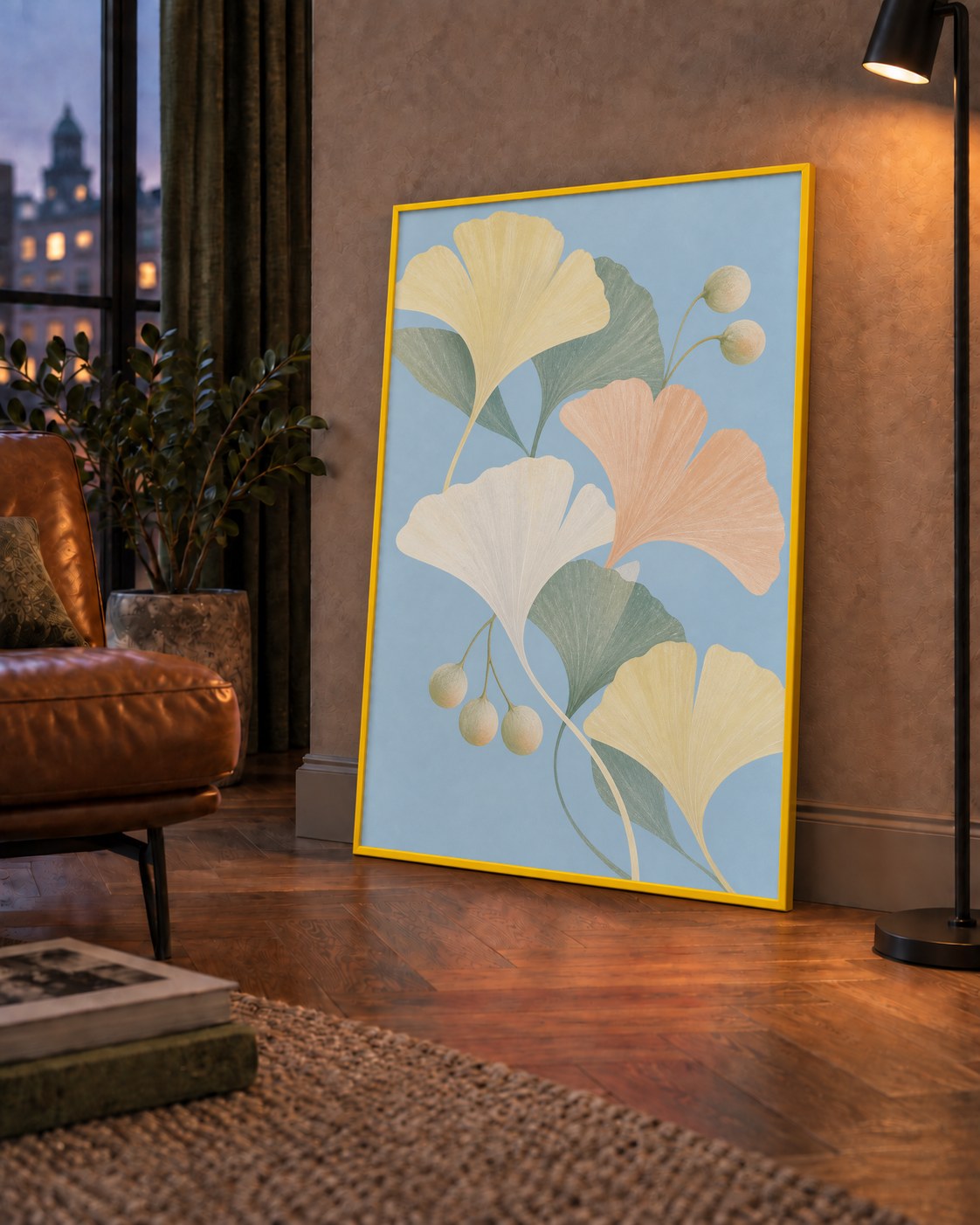 Pastel Gingko Yaprakları Dijital Poster - Zarif Duvar Sanatı — çerçeveli hâliyle bir ev duvarında