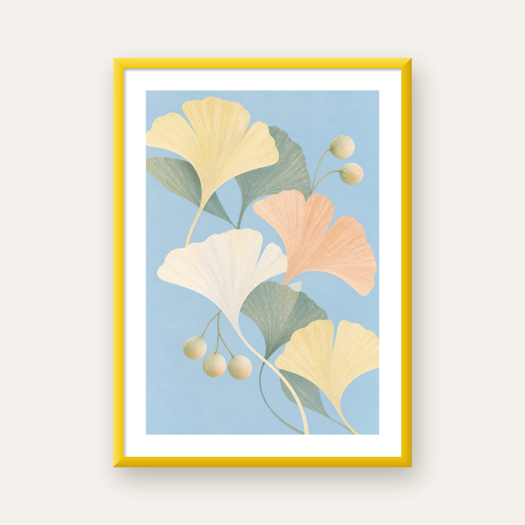 Pastel Gingko Yaprakları Dijital Poster - Zarif Duvar Sanatı — sarı çerçeveli paspartulu