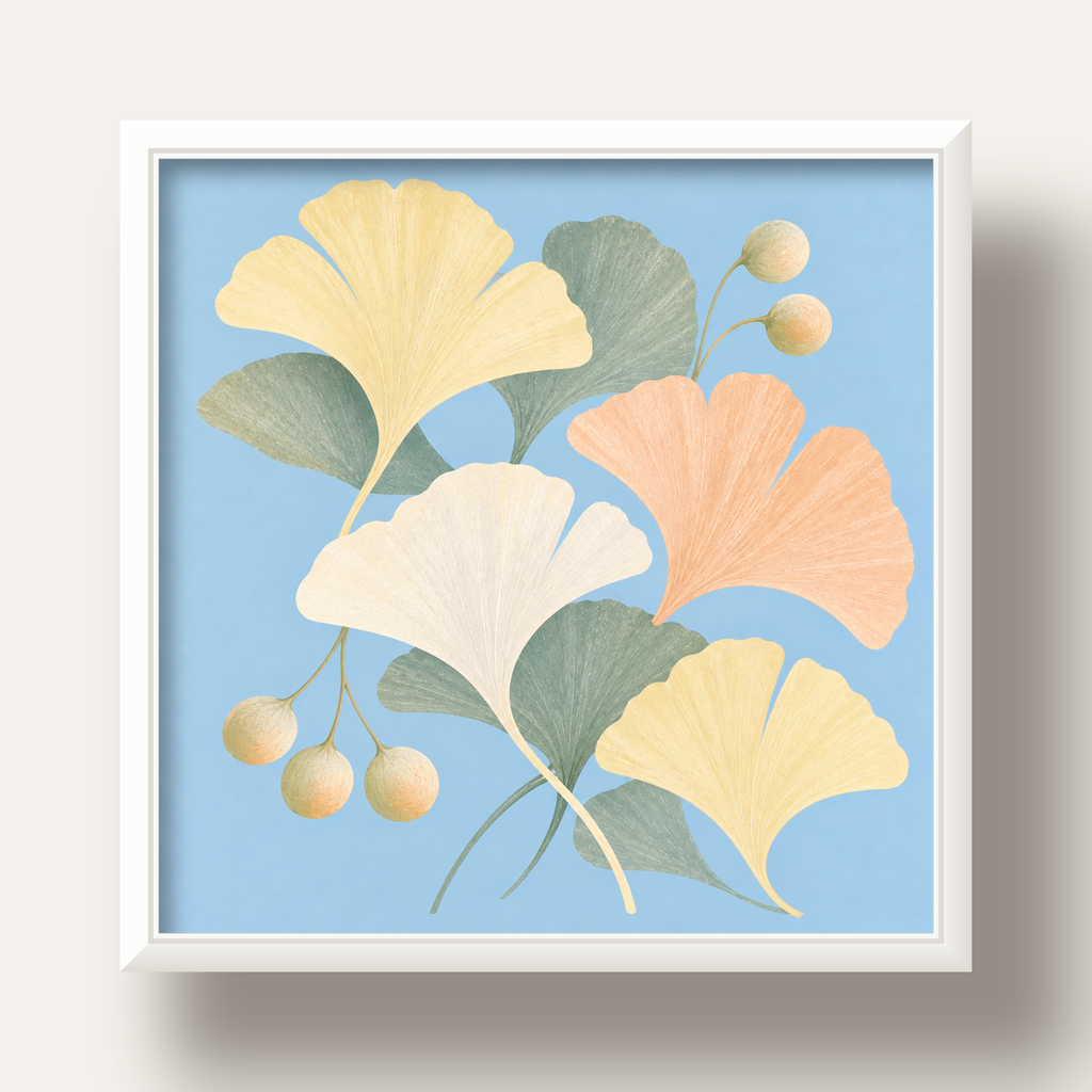 Pastel Gingko Yaprakları Dijital Poster - Zarif Duvar Sanatı — beyaz derin çerçeveli