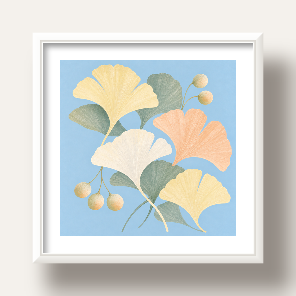 Pastel Gingko Yaprakları Dijital Poster - Zarif Duvar Sanatı — beyaz derin çerçeveli paspartulu