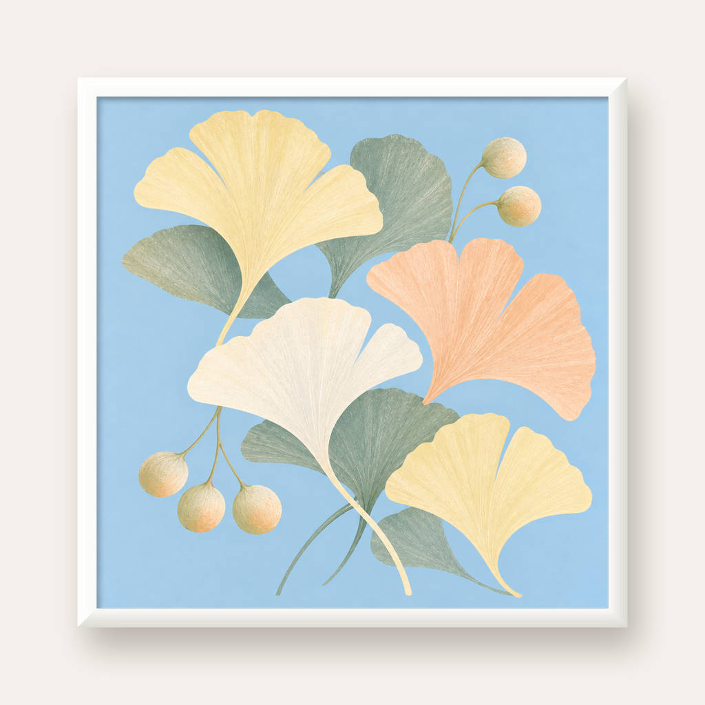 Pastel Gingko Yaprakları Dijital Poster - Zarif Duvar Sanatı — beyaz çerçeveli kare poster