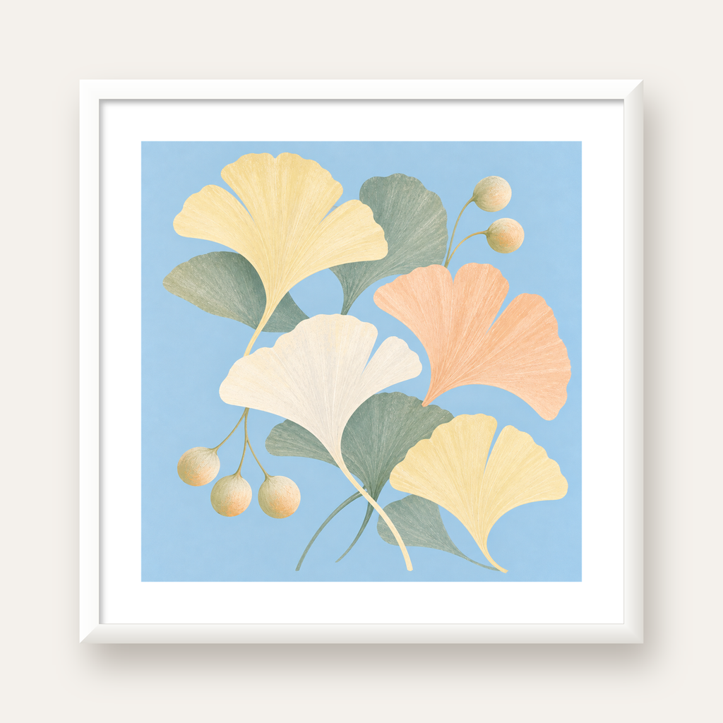 Pastel Gingko Yaprakları Dijital Poster - Zarif Duvar Sanatı — beyaz çerçeveli kare poster