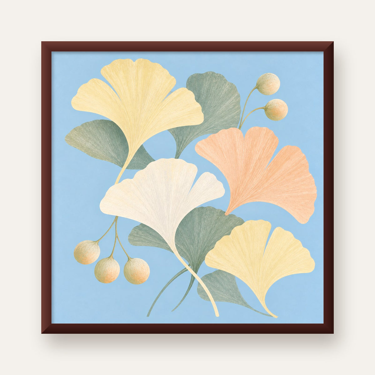 Pastel Gingko Yaprakları Dijital Poster - Zarif Duvar Sanatı — ceviz çerçeveli
