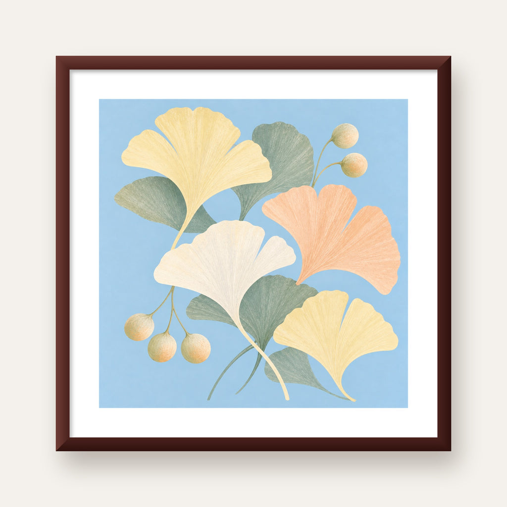 Pastel Gingko Yaprakları Dijital Poster - Zarif Duvar Sanatı — ceviz çerçeveli paspartulu