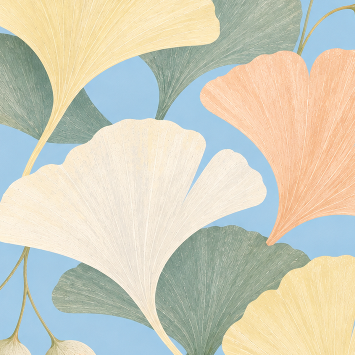 Pastel Gingko Yaprakları Dijital Poster - Zarif Duvar Sanatı — baskının yakın çekimi, kâğıt dokusu ve renk detayı